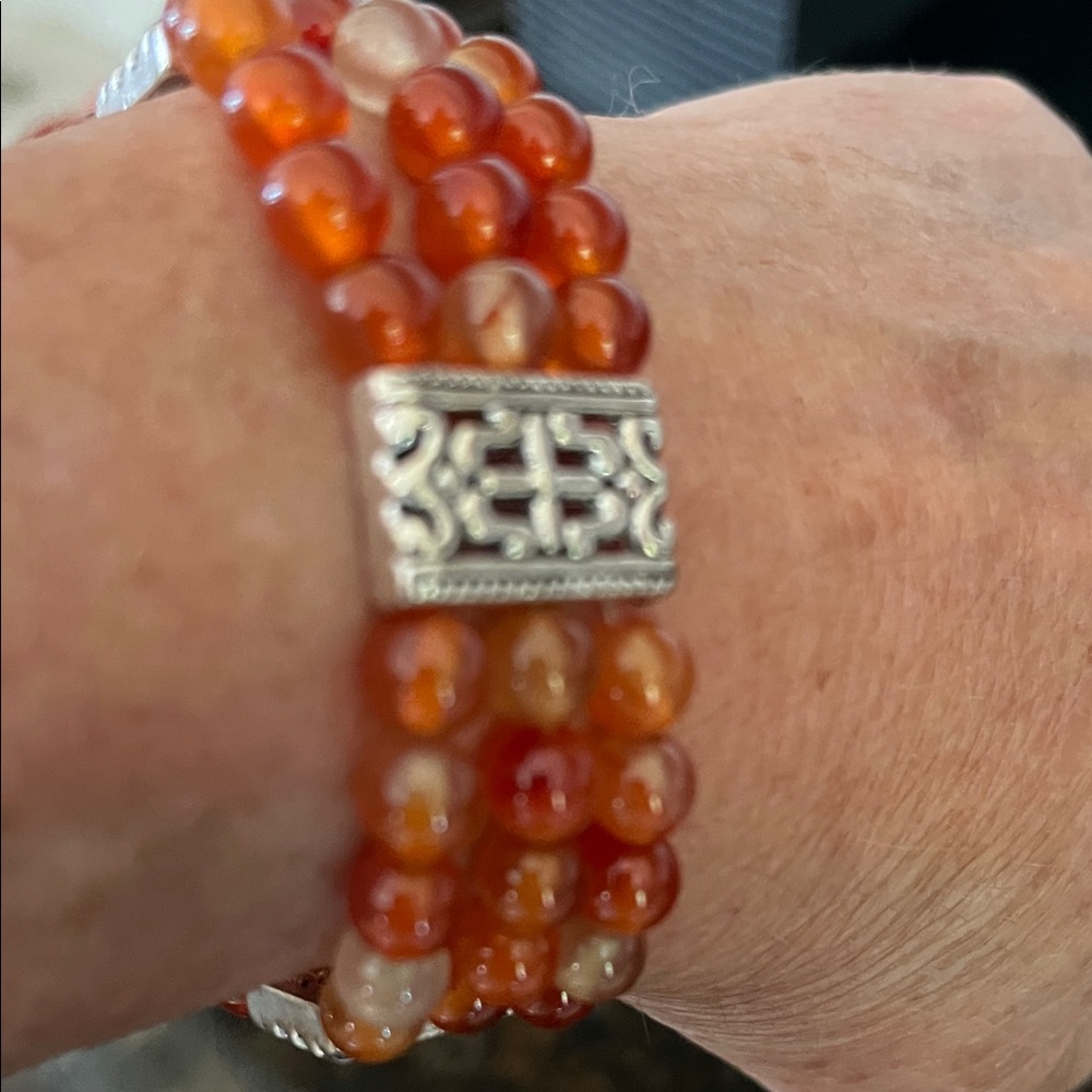 Elegant Silver and Orange Beaded Bracelet